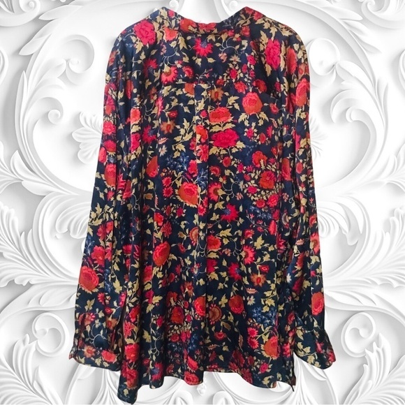 Lauren Ralph Lauren Blue Satin Collared Blouse With Red Flowers And Vines - - Picture 3 of 3